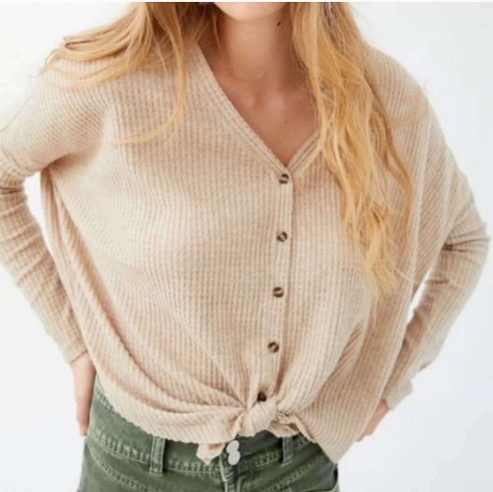 Out From Under Waffle Knit Long Sleeve Button Down Beige Tan V Neck Medium